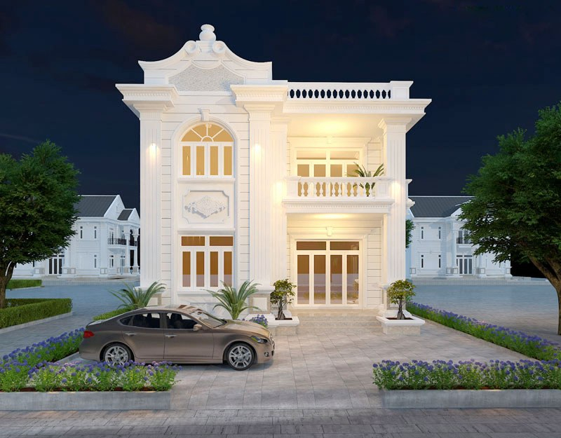 Mẫu biệt thự mini 2 tầng màu trắng sang trọng