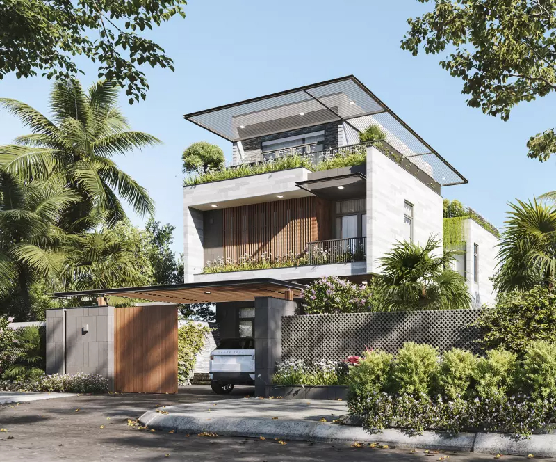 Mẫu biệt thự mini 2 tầng 1 tum phong cách hiện đại, nhà phố