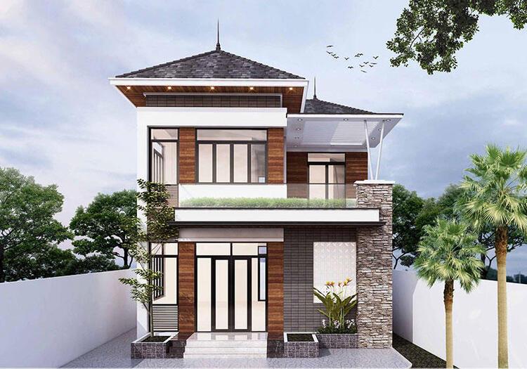 Mẫu nhà 2 tầng đẹp được thiết kế theo phong cách thô mộc, ấm cúng